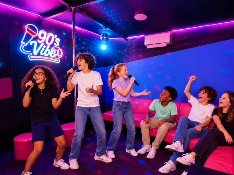 Des enfants chantent dans la salle de karaoké 90&rsquo;s Vibe, au décor années 90