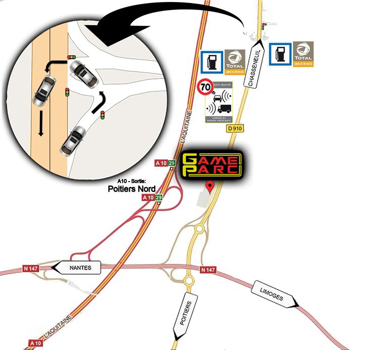 Plan d&rsquo;accès à Game Parc depuis la sortie 29 Poitiers-Nord de l&rsquo;A10, la N147 et la D910