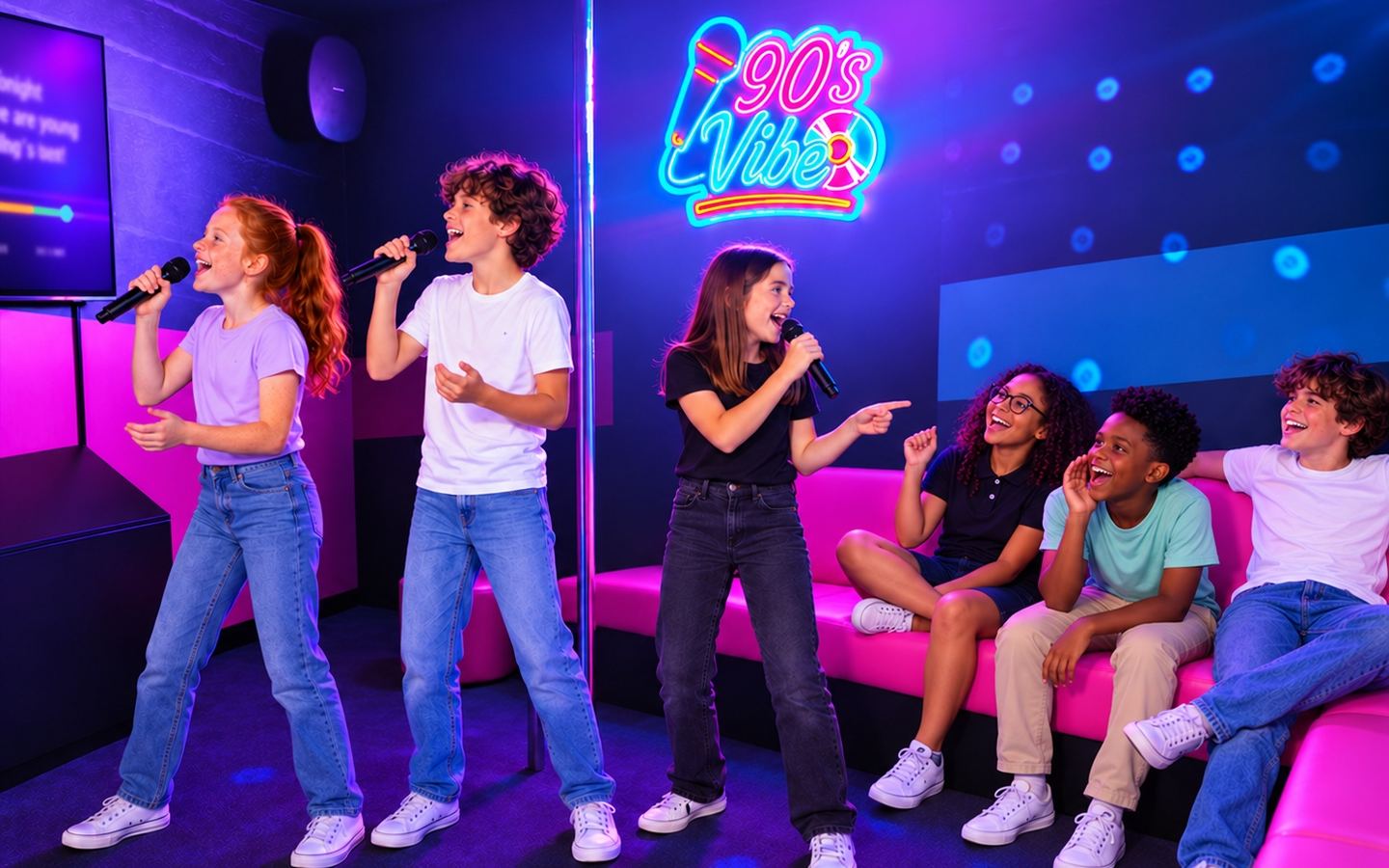Six enfants chantent dans la salle de karaoké 90&rsquo;s Vibe de Game Parc à Poitiers